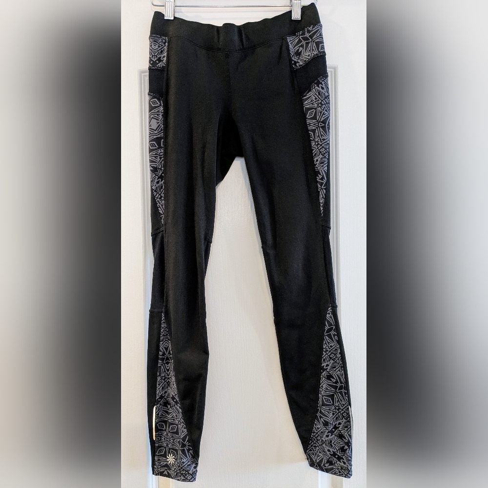 Athleta Black Gray Leggings Stash Pocket Geometric Reflective Athletic Yoga XS